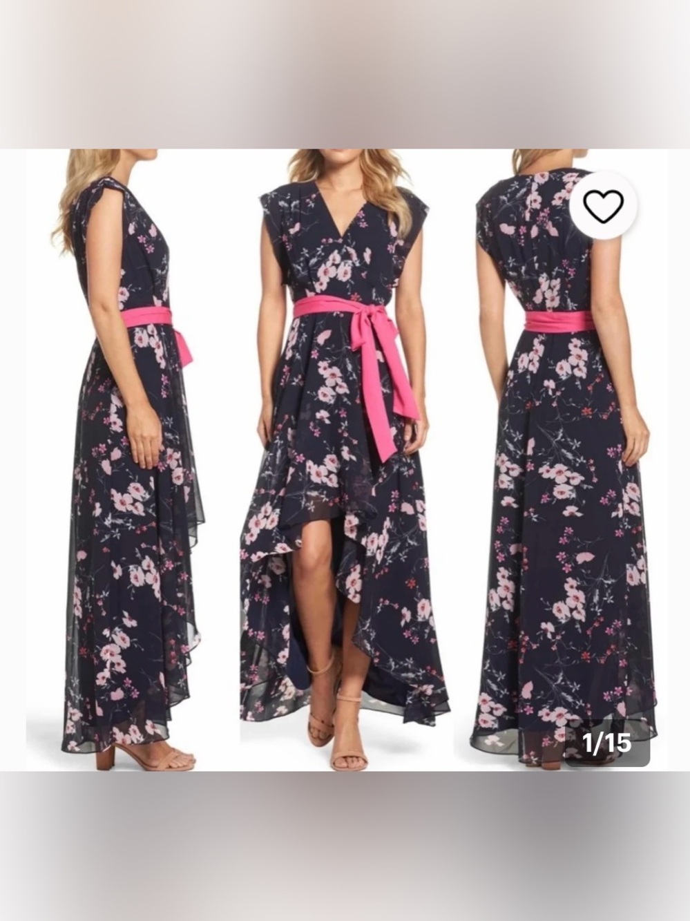 Eliza J Navy Floral Hi-Low Dress with Pink Sash